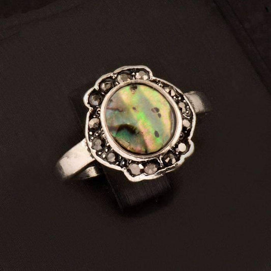 Feshionn IOBI Rings 6 Scalloped Abalone Shell and Black Crystal Vintage Silver Ring