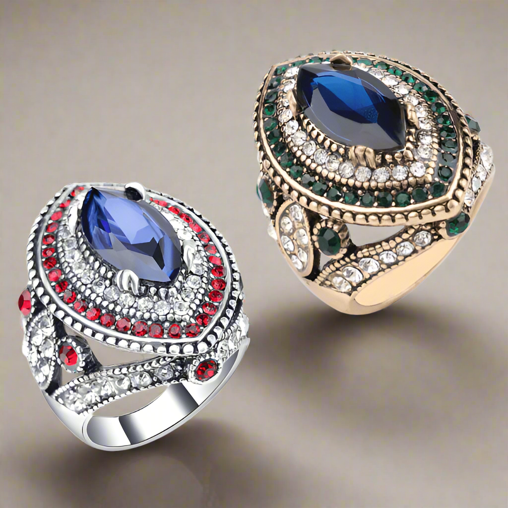 Feshionn IOBI Rings 7 / Emerald ON SALE Esmeralda Oversize Sapphire Blue and Crystal Antique Style Cocktail Ring