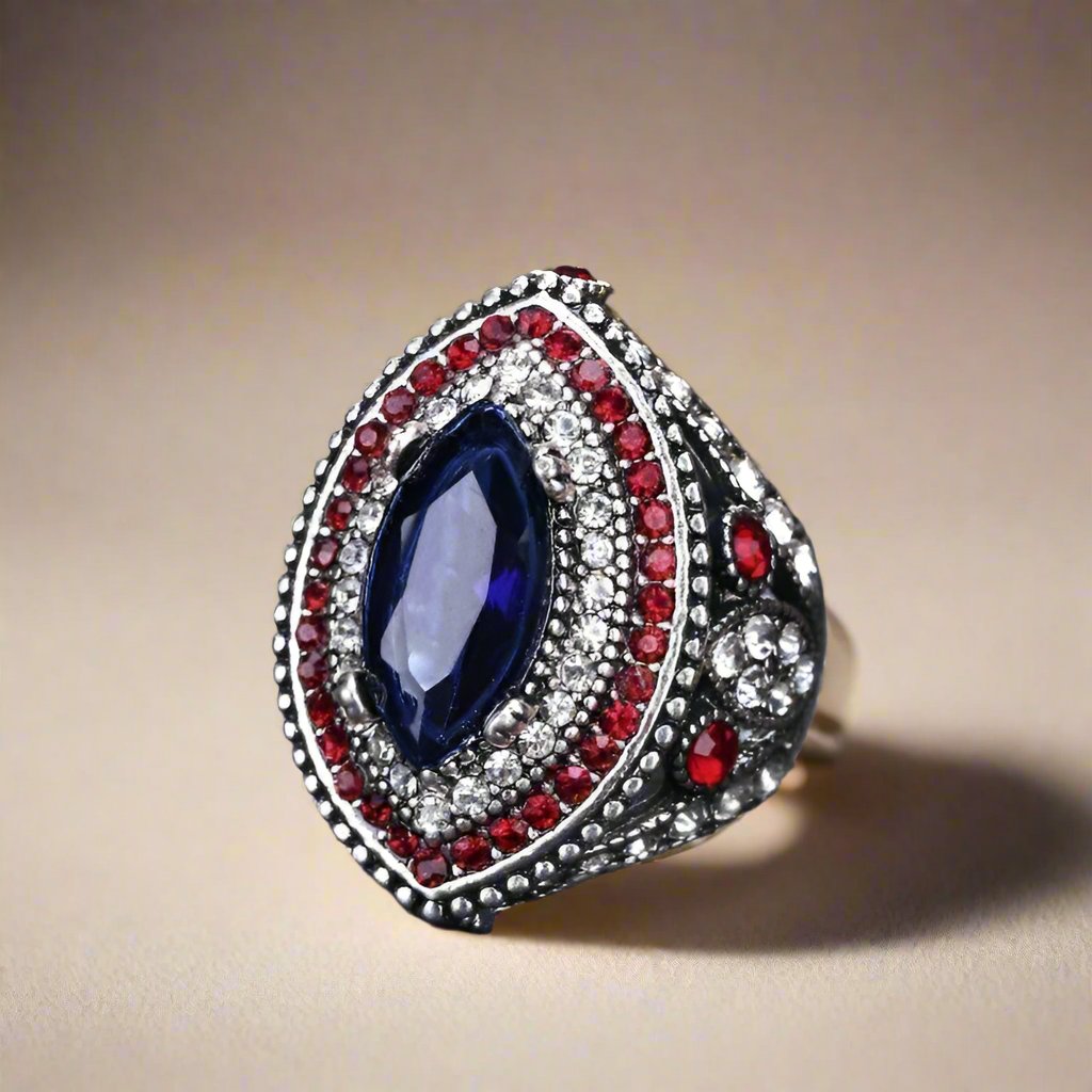 Feshionn IOBI Rings 7 / Scarlett ON SALE Esmeralda Oversize Sapphire Blue and Crystal Antique Style Cocktail Ring