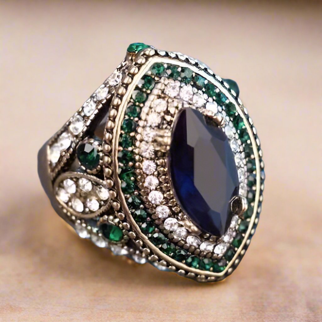 Feshionn IOBI Rings ON SALE Esmeralda Oversize Sapphire Blue and Crystal Antique Style Cocktail Ring