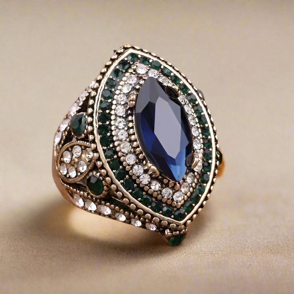 Feshionn IOBI Rings ON SALE Esmeralda Oversize Sapphire Blue and Crystal Antique Style Cocktail Ring
