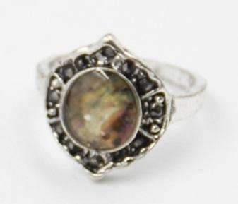 Feshionn IOBI Rings Shield Abalone Shell and Black Crystal Vintage Silver Ring