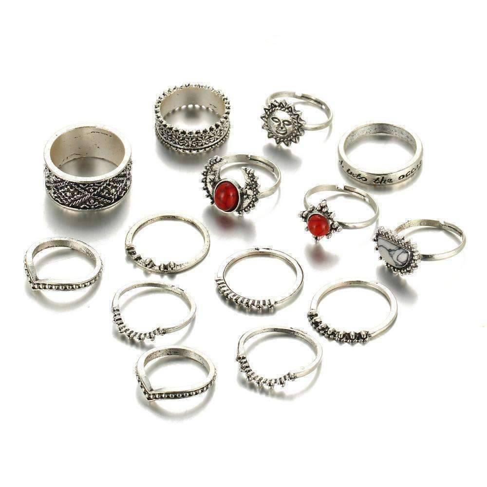 Feshionn IOBI Rings Sunrise Sunset Collection Boho Midi-Knuckle Rings Set of 14