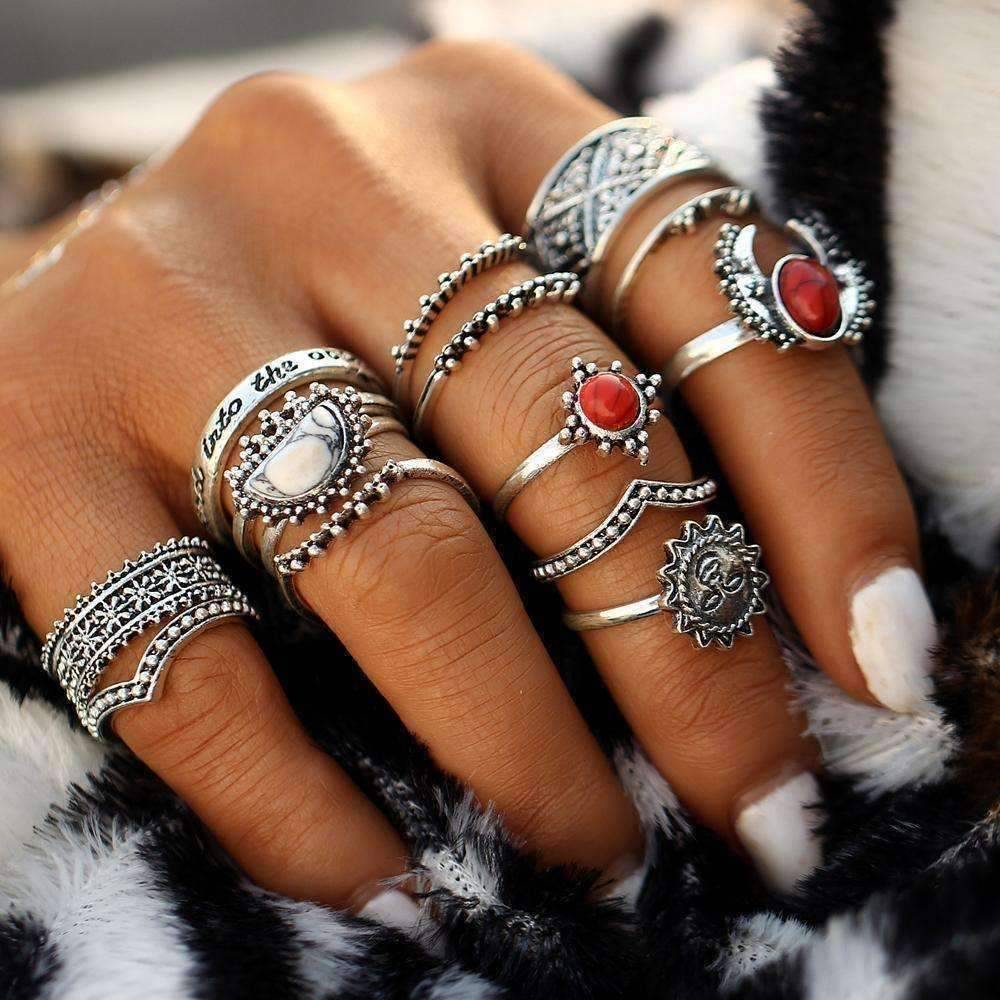 Feshionn IOBI Rings Sunrise Sunset Collection Boho Midi-Knuckle Rings Set of 14