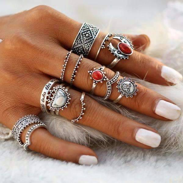 Feshionn IOBI Rings Sunrise Sunset Collection Boho Midi-Knuckle Rings Set of 14