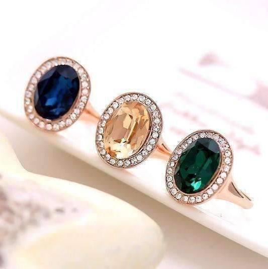 Feshionn IOBI Rings "Symphony in Champagne" Classic Oval Champagne Topaz and Diamond Austrian Crystal Halo Cocktail Ring