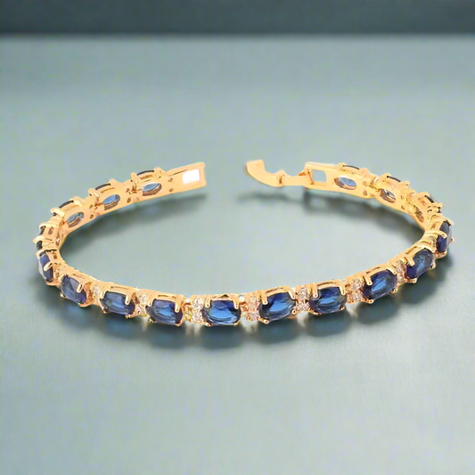 Sapphire Blue Oval Austrian Crystal Tennis Bracelet with Extender in 18K Yellow Gold for Woman