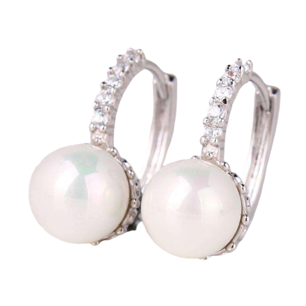 14K White Gold Plated Pearl Bead Solitaire Hoop Earrings for Woman
