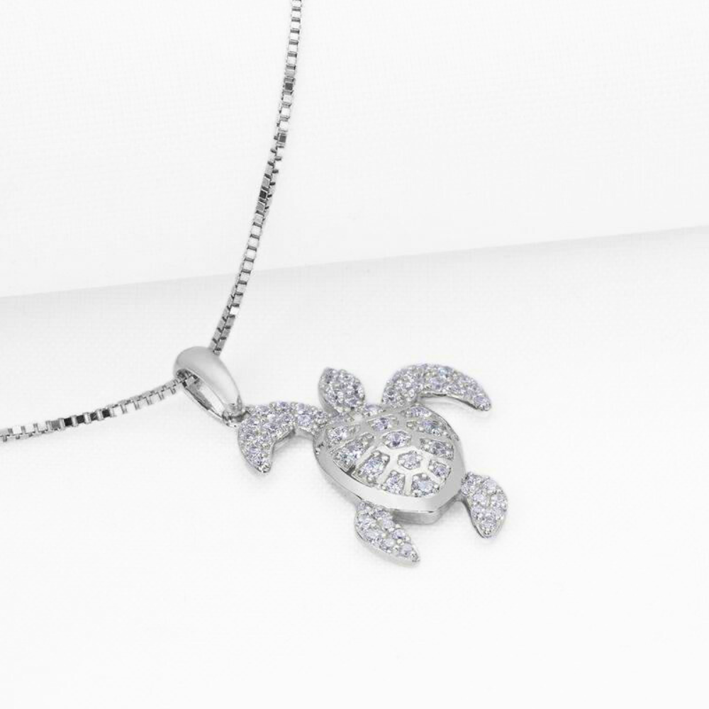 La Mer Pavé Sea Turtle Sterling Silver OB Simulated Diamond Pendant for Woman Bridal Engagement Wedding Anniversary Gift