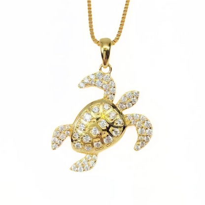 La Mer Pavé Sea Turtle Sterling Silver OB Simulated Diamond Pendant for Woman Bridal Engagement Wedding Anniversary Gift