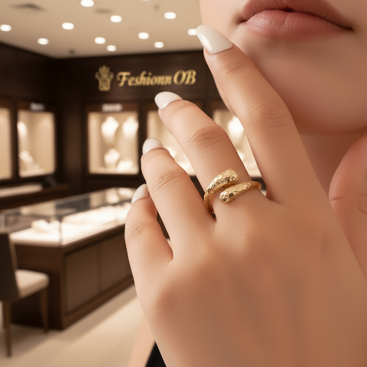 14K Gold Plated Sterling Silver Adjustable Hammered Open Ring for Women - Handmade Design