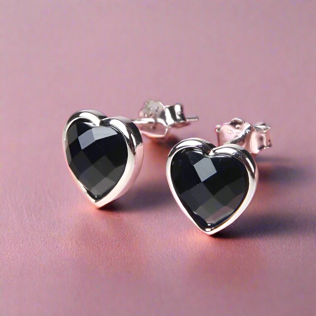 Faceted Genuine Black Agate Heart Stud Earrings for Women – Sparkling Silver Plated Design