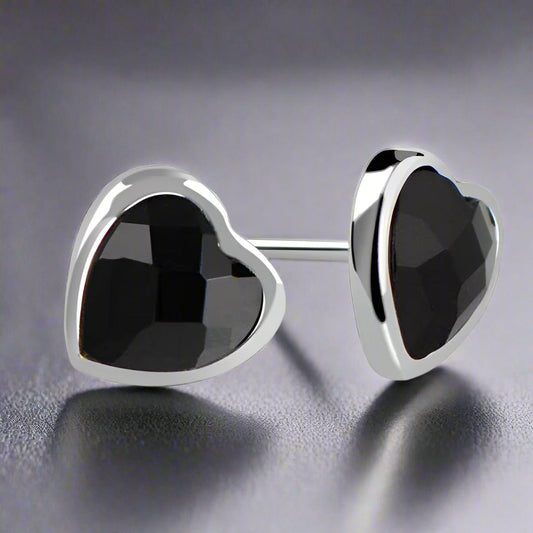 Faceted Genuine Black Agate Heart Stud Earrings for Women – Sparkling Silver Plated Design