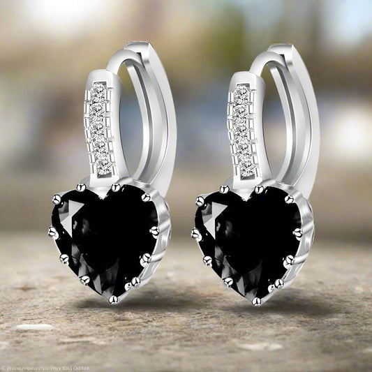 Heart Shaped Black Diamond CZ Solitaire Hoop Earrings for Woman
