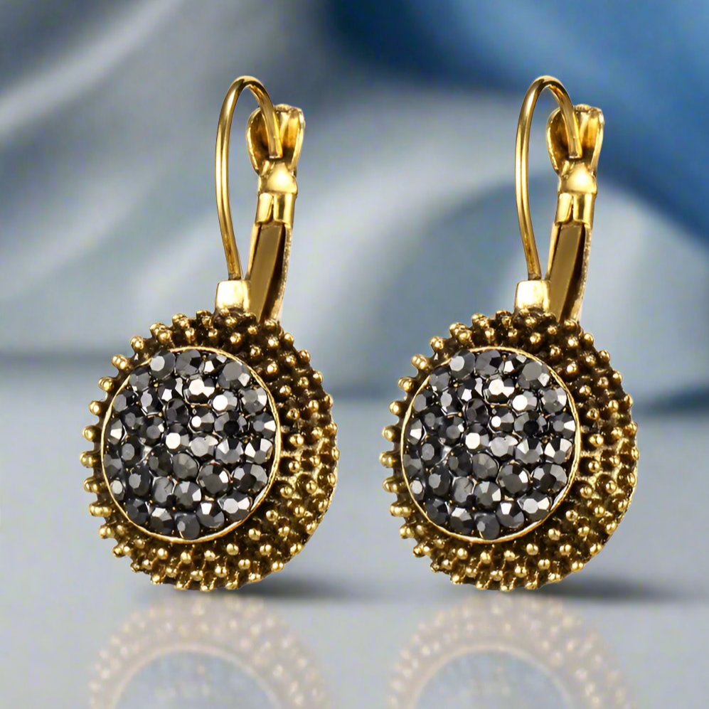 Black Crushed Sparkling Crystals Marcasite Vintage Style Lever Back Earrings for Women