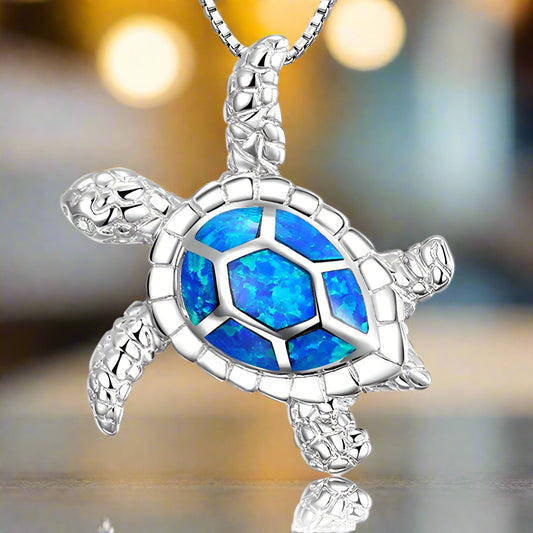 14K White Gold Plated Deep Blue Sea Turtle Animal Frog Crab Cat Heart Opal Blue Enamel Cz Pendant Necklace for Woman Special Occasion Birthdays Holidays