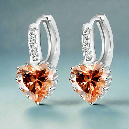Heart Shaped Champagne Diamond CZ Solitaire Hoop Earrings for Woman
