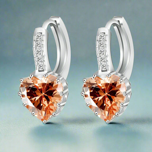 Heart Shaped Champagne Diamond CZ Solitaire Hoop Earrings for Woman