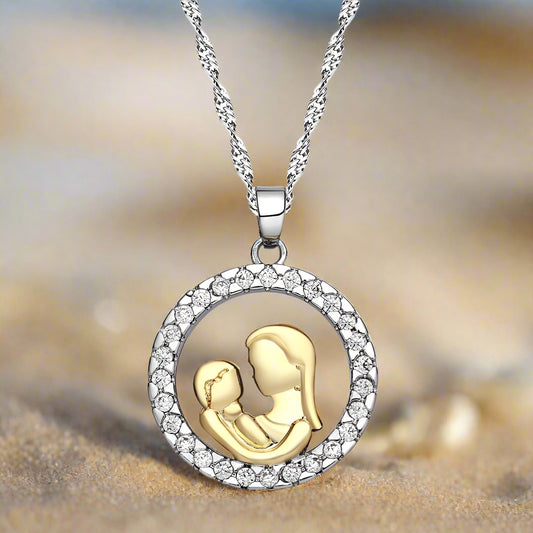 14K Gold Plated Circle of Love Mother & Child CZ Necklace for Woman
