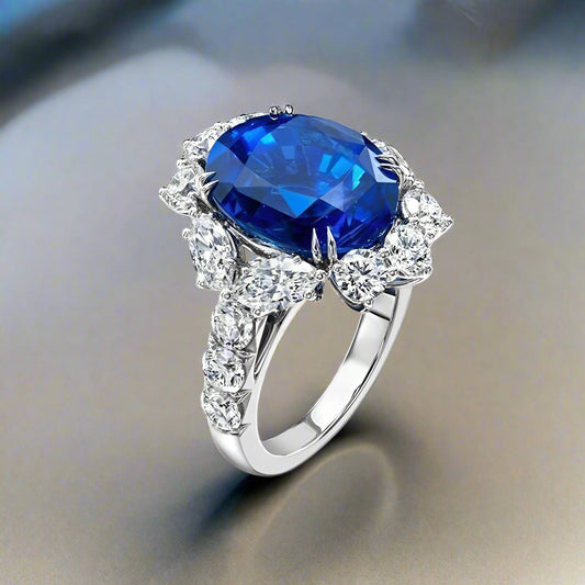 Coralie En Bleu 4CT Oval Floral Halo OB Simulated Diamond Ring for Women Bridal Engagement Wedding Anniversary Gift