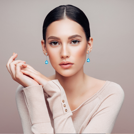 OB Crystals 14K White Gold plated Dew Drop Earrings for Woman Special Occasion Black Tie Holidays Birthdays