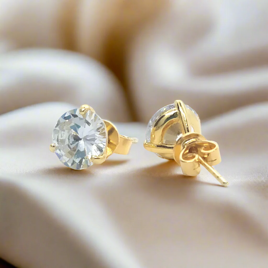 Elite D’ora 18K Yellow Gold Plated Three-Prong Simulated Diamond Stud Earrings – Sterling Silver Luxury Bridal Jewelry