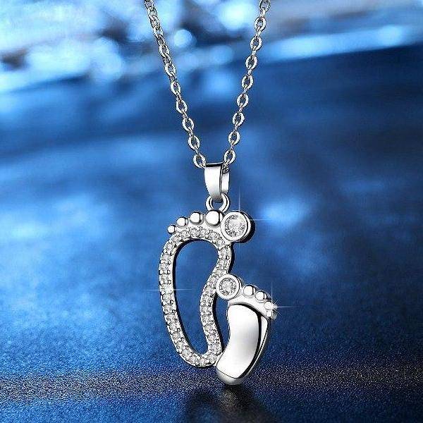 Mother & Child 14K White Rose Gold Plated Cz Footprints Woman Necklace
