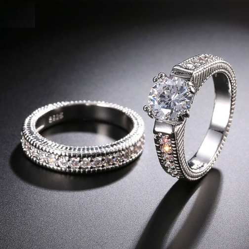French Foiled Pavé 1CT CZ Solitaire Wedding Band Set