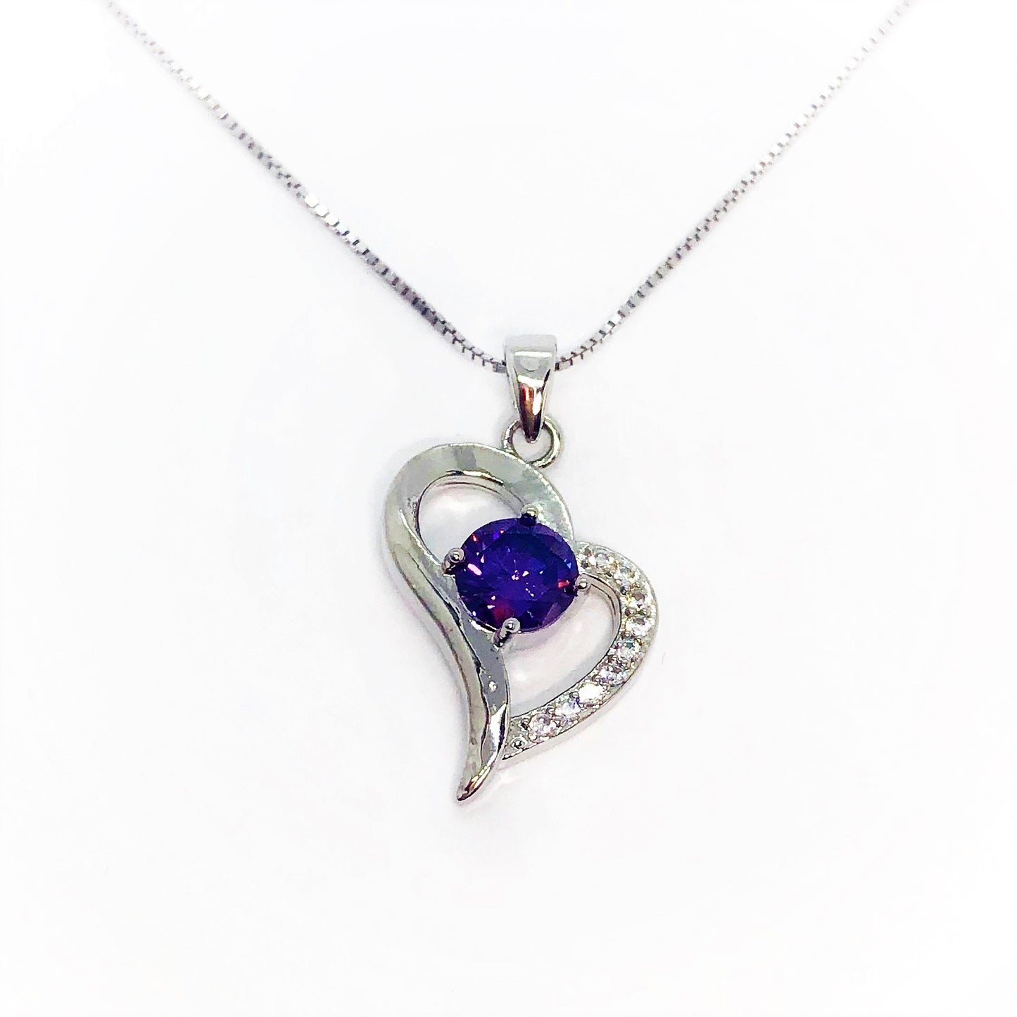 Exaggerated Silver Heart Purple Zirconia Necklace