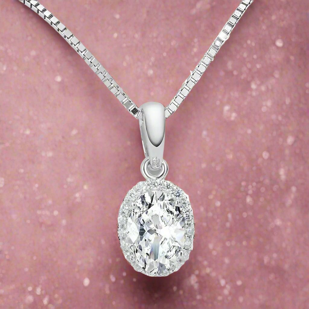 Layla .75CT Oval Cut Halo OB Simulated Diamond Pendant for Women Bridal Engagement Wedding Anniversary Gift