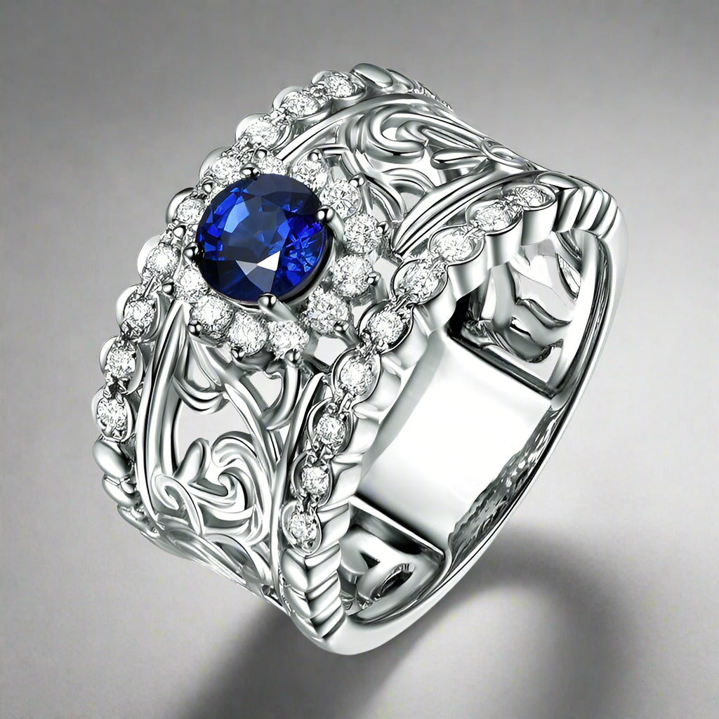 Léonie En Bleu .80CT Filigree Band OB Simulated Diamond Ring for Women Bridal Engagement Wedding Anniversary Gift