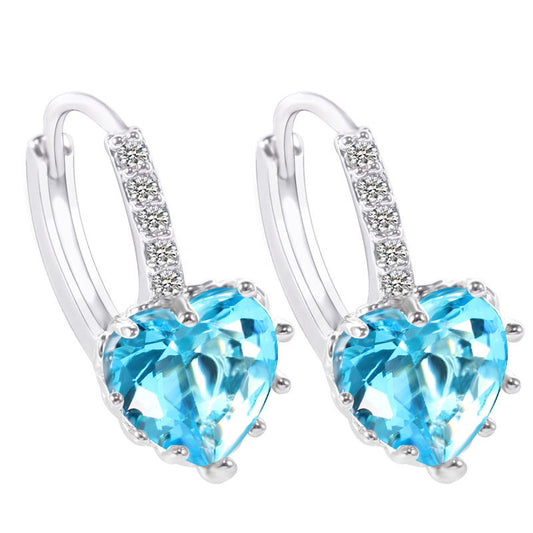 Petite Heart Shaped Aqua Austrian Crystals Hoop Earrings