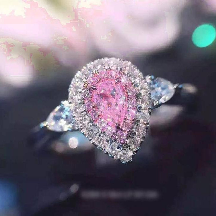 14K Gold Plated Petite Pavé Pear Cut CZ Halo Ring for Woman - White or Pink CZ