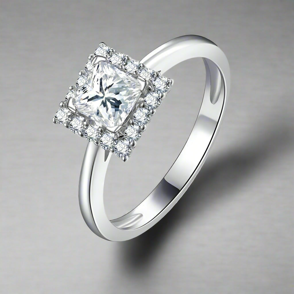 Bianca 0.68CT Princess Cut Halo OB Simulated Diamond Ring – Sterling Silver Engagement, Bridal, or Wedding Jewelry