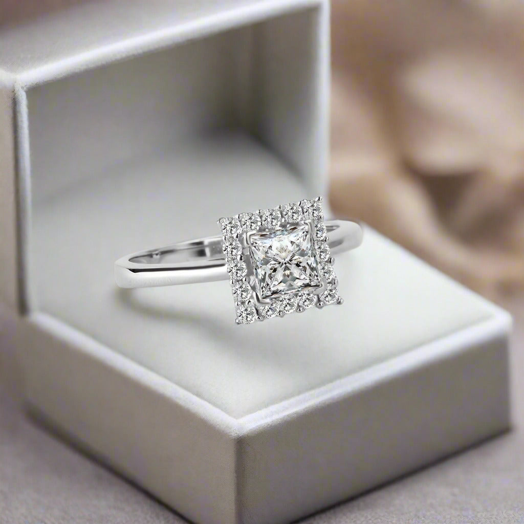 Bianca 0.68CT Princess Cut Halo OB Simulated Diamond Ring – Sterling Silver Engagement, Bridal, or Wedding Jewelry