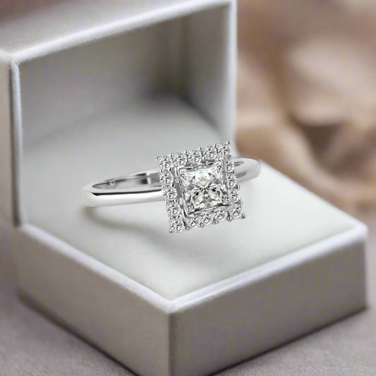 Bianca 0.68CT Princess Cut Halo OB Simulated Diamond Ring – Sterling Silver Engagement, Bridal, or Wedding Jewelry