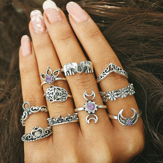 Purple Reign Boho Midi-Knuckle Rings Set of 10