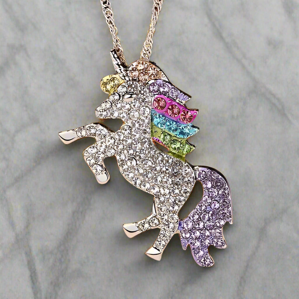 14K White Gold Plated Rainbow Crystal Unicorn Shine Necklace 18 Inch Twisted Chain for Woman or Teen Special Occasion
