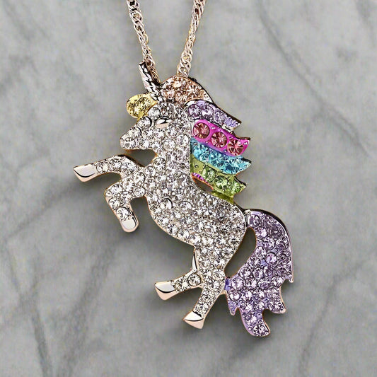 14K White Gold Plated Rainbow Crystal Unicorn Shine Necklace 18 Inch Twisted Chain for Woman or Teen Special Occasion