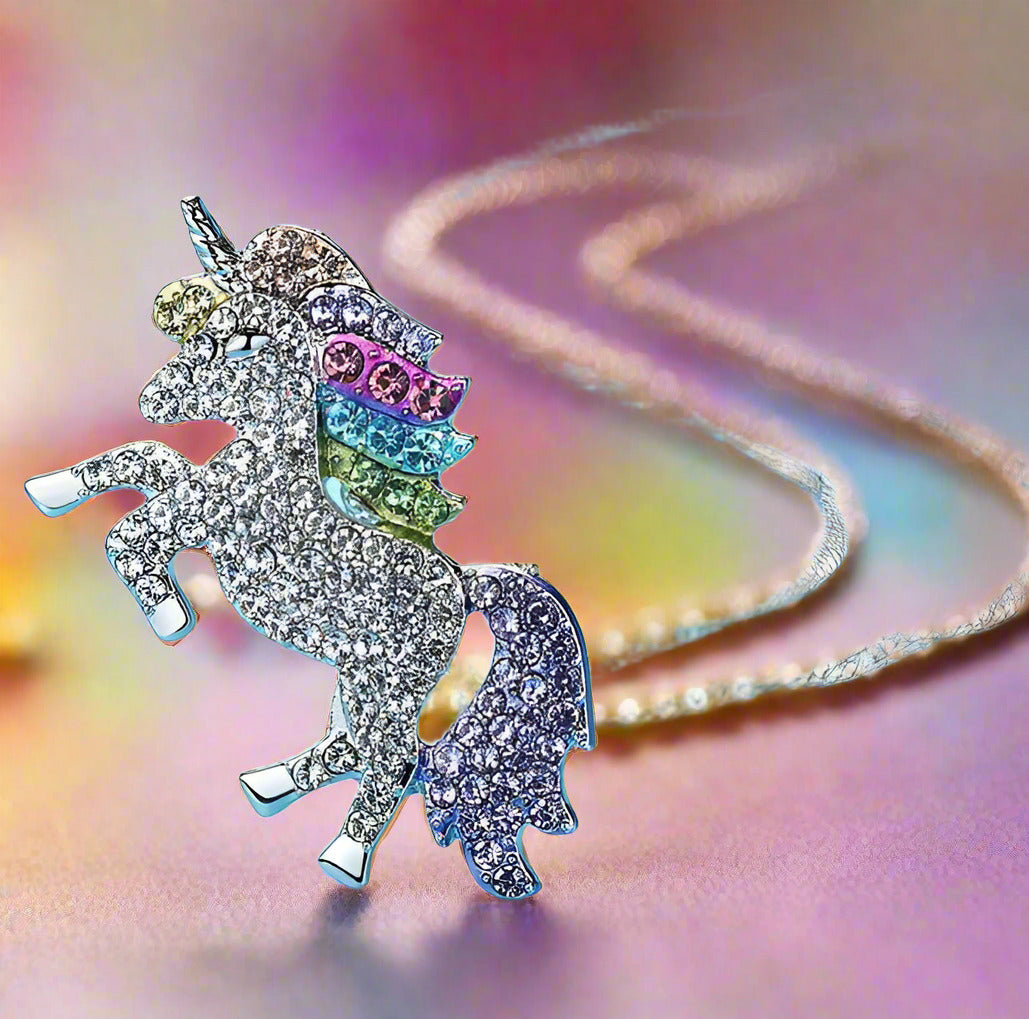 14K White Gold Plated Rainbow Crystal Unicorn Shine Necklace 18 Inch Twisted Chain for Woman or Teen Special Occasion