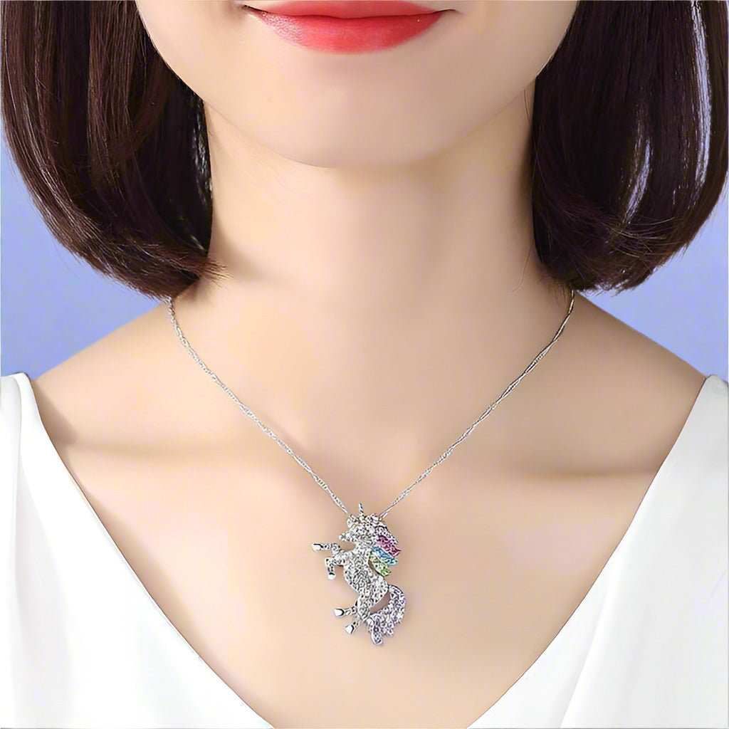 14K White Gold Plated Rainbow Crystal Unicorn Shine Necklace 18 Inch Twisted Chain for Woman or Teen Special Occasion