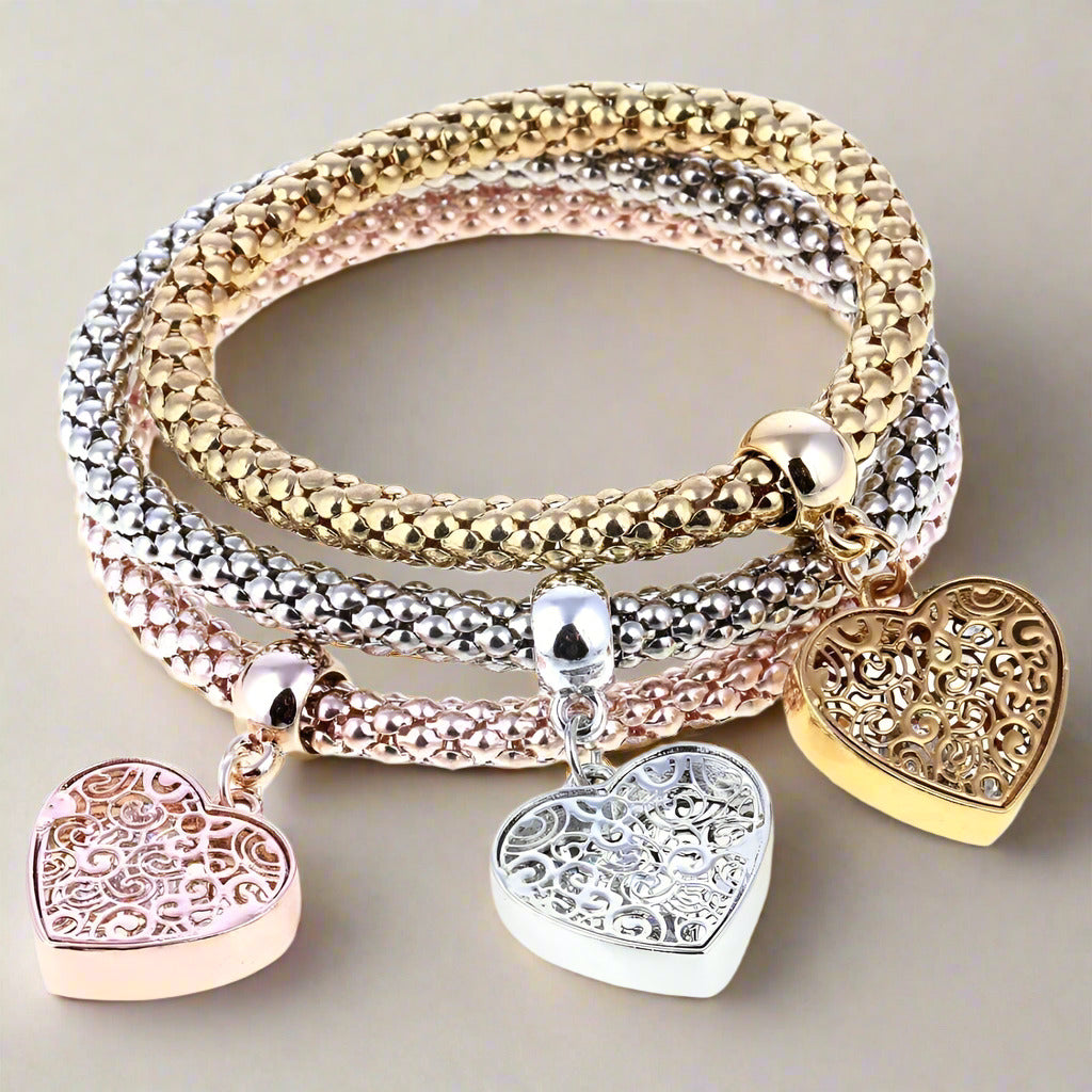 Filigree Heart Austrian Crystal Tri-Color Stretch Bracelet Set