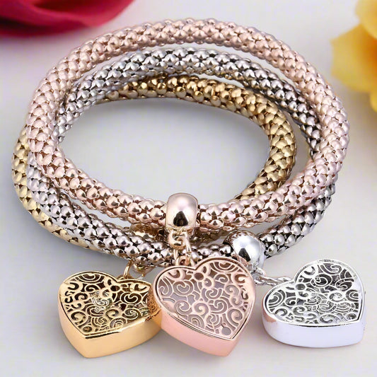 Filigree Heart Austrian Crystal Tri-Color Stretch Bracelet Set