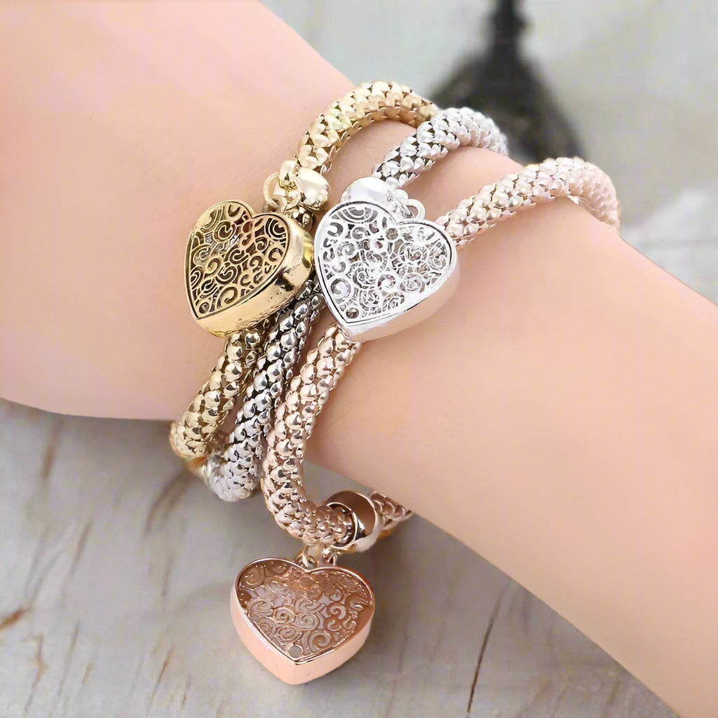 Filigree Heart Austrian Crystal Tri-Color Stretch Bracelet Set