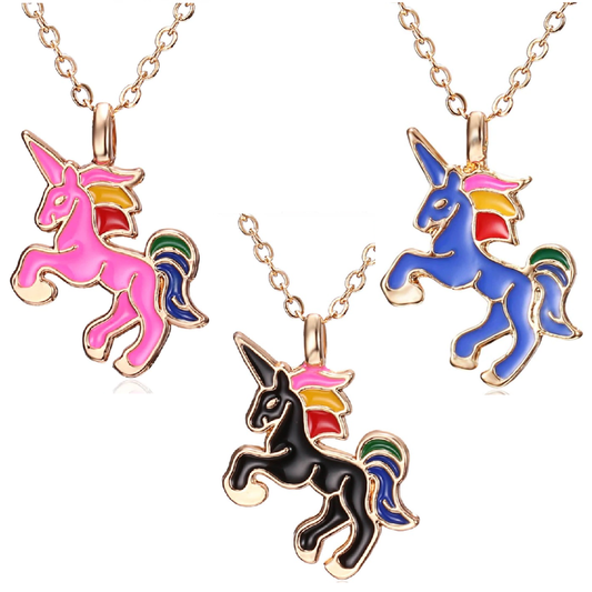 A Little Fantasy Unicorn Gold & Enamel Necklace In Blue Black or Pink