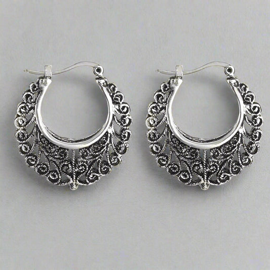 Large Black Patina Filigree Hoop Earrings for Women