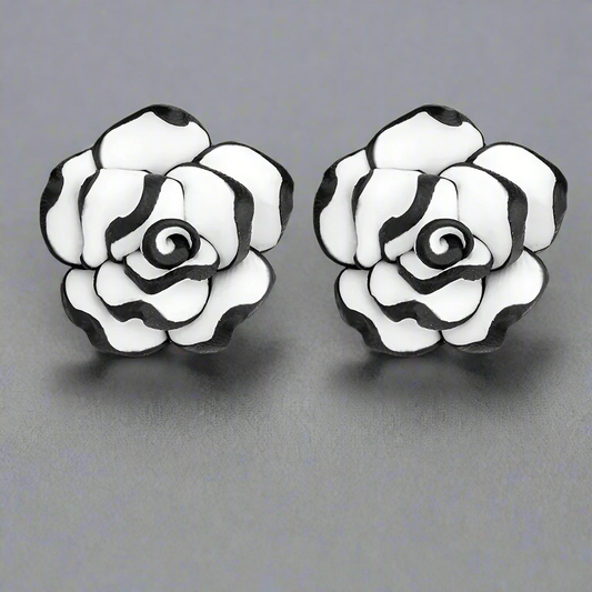 Black and White Rose Hand Crafted Clay Stud Earrings for Women 316 Steel Hypoallergenic