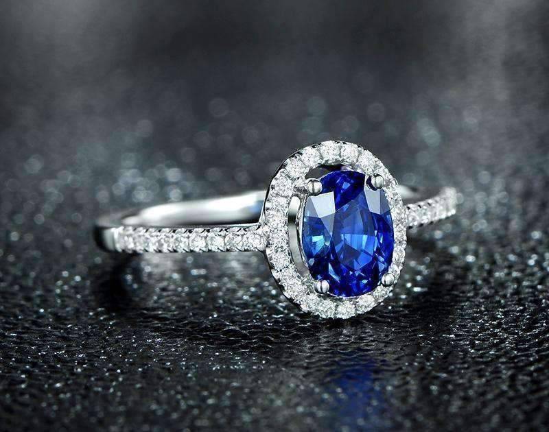 Cécile En Bleu 1.25CT Oval Petite Pavé Halo OB Simulated Diamond Ring for Women Bridal Engagement Wedding Anniversary Gift