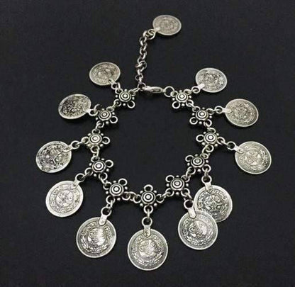 Feshionn IOBI Anklets Silver ON SALE - Vintage Patina Gypsy Coin Dangling Chain Ankle Bracelet