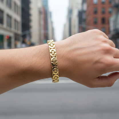 Feshionn IOBI bracelets 9.5 / Gold Alpha 8mm Flat Byzantine Link 18K Gold Plated Stainless Steel Men's Bracelet